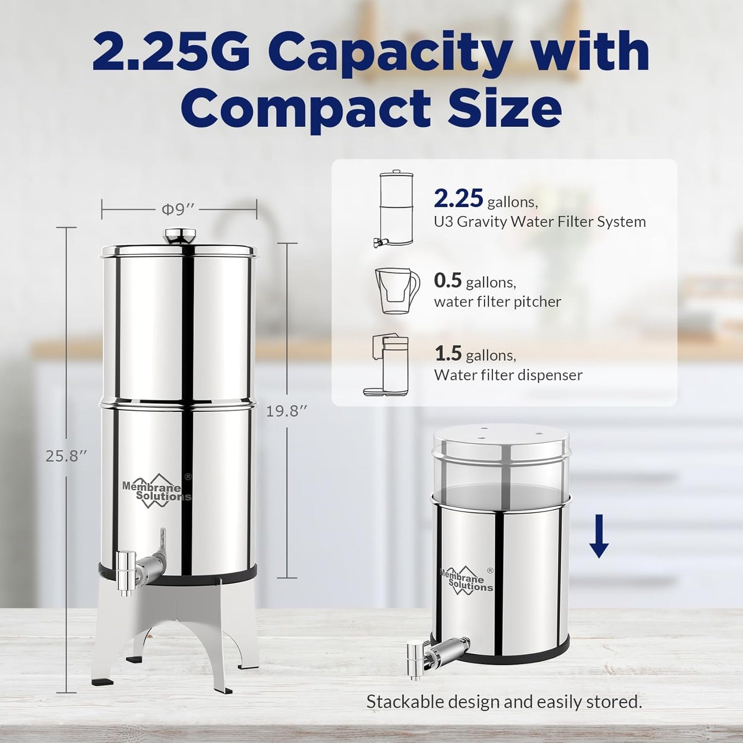 U3P UV 2.25-Gallons Stainless Steel Gravity Water Filter Fed Tank with 3 Black Filters
