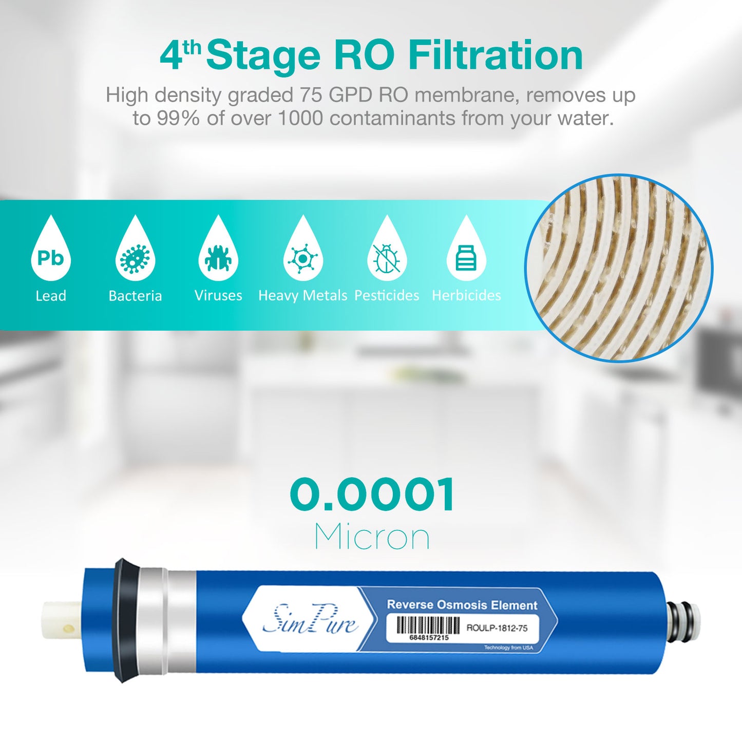 SimPure 5-Stage Reverse Osmosis Replacement Filter Set with 75 GPD RO Membrane, 5pc Pre & Post Replacement Cartridge Pack Kit for Standard 5-Stage Reverse Osmosis RO Systems