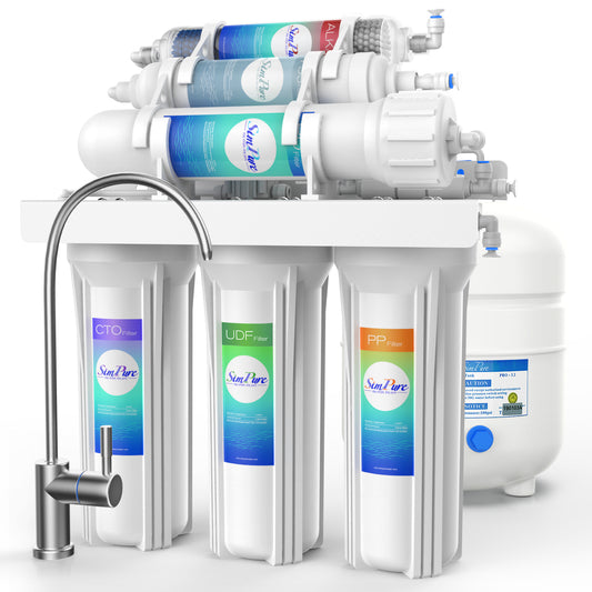 SimPure Under Sink Water Filter System, 6-Stage 100 GPD Reverse Osmosis Filtration System Alkaline Water Purifier NSF Certified with Faucet & Tank