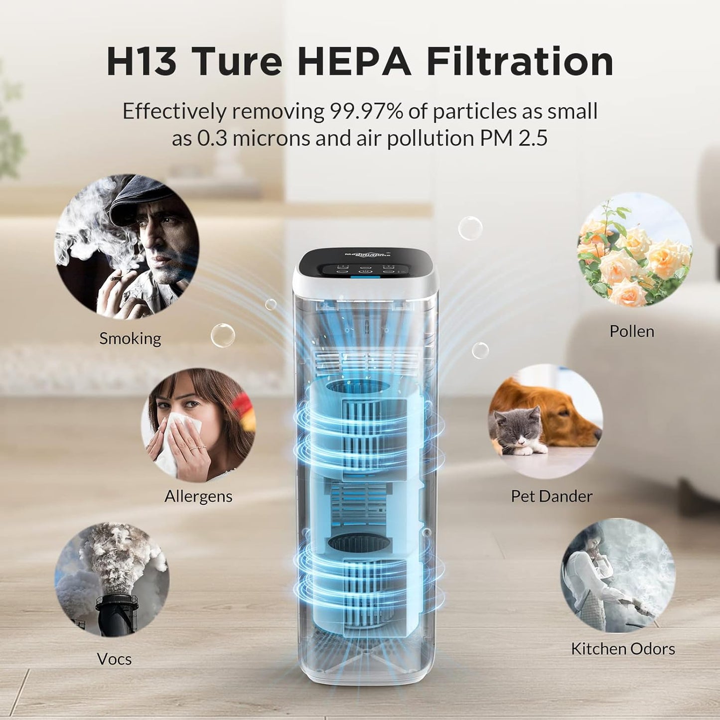 MS18 H13 True HEPA Kitchen Air Purifier for Smoke Kitchen Cooking Smells Odors Removal