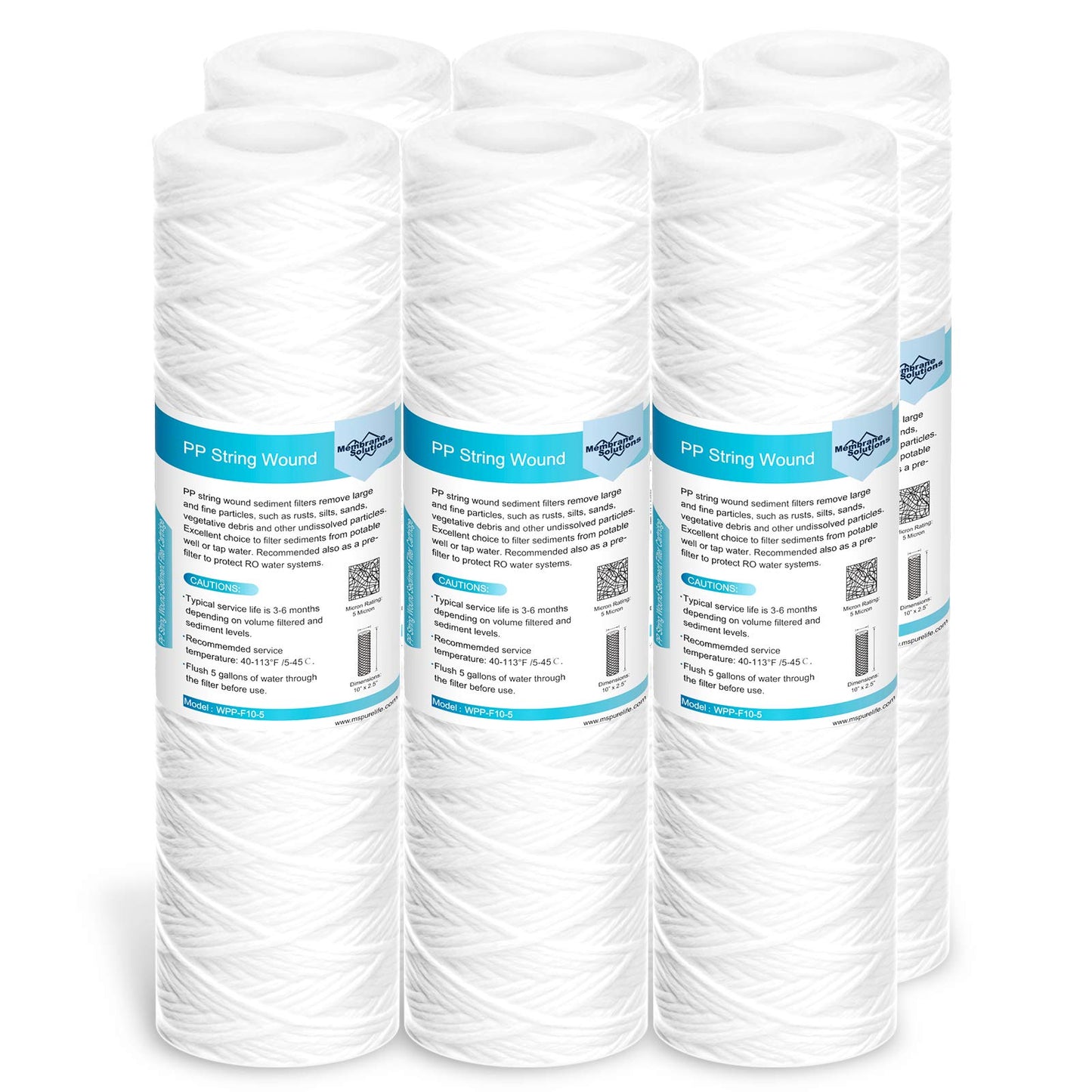 Membrane Solutions 5 Micron 10"x2.5" String Wound Whole House Water Filter Replacement Cartridge Universal Sediment Filters for Well Water - 6 Pack