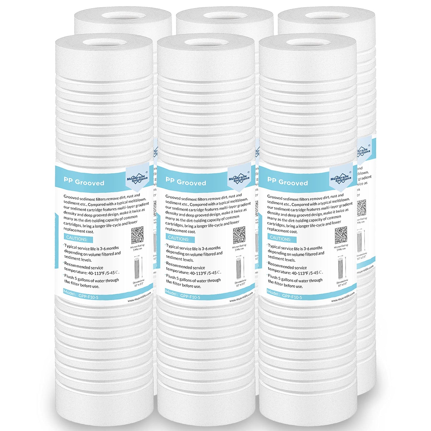 Grooved Sediment Water Filter Cartridge (6 Pack), Membrane Solutions 5 Micron Whole House Water Filter Universal Replacement 10"x2.5" for 10 inch RO Unit, Whole House Under-Sink Filtration System