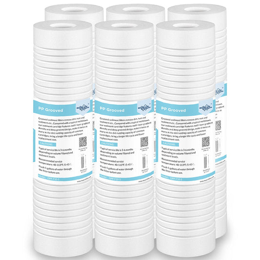 Grooved Sediment Water Filter Cartridge (6 Pack), Membrane Solutions 5 Micron Whole House Water Filter Universal Replacement 10"x2.5" for 10 inch RO Unit, Whole House Under-Sink Filtration System